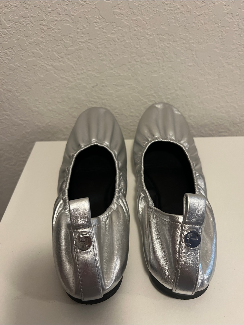 Silver Ballet Flats with Tory Burch Logo Tab
